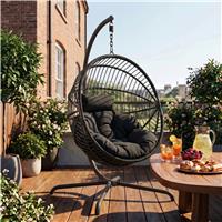 Rattan Foldable Garden Hanging Egg Chair with Stand & Cushions  Black