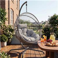 Rattan Foldable Garden Hanging Egg Chair with Stand & Cushions  Grey