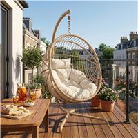 Rattan Foldable Garden Hanging Egg Chair with Stand & Cushions  Beige