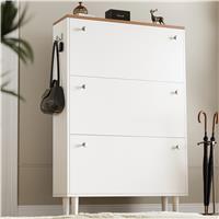 3 Door Narrow Shoe Cabinet | Tall Shoe Storage With Hooks  White