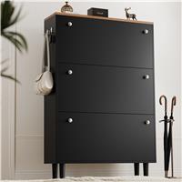 3 Door Narrow Shoe Cabinet | Tall Shoe Storage With Hooks  Black
