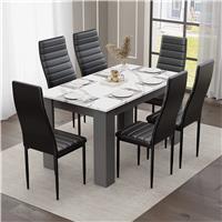 46 Seater Dining Table and Chairs Set,  White Marble Effect  6 Seater / Black