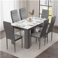 46 Seater Dining Table and Chairs Set,  White Marble Effect  6 Seater / Grey