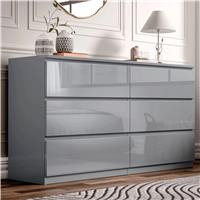 High Gloss Large 6 Drawer Chest of Drawers  Bedroom Dresser  Grey