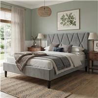 Velvet Double Bed Frame with Headboard Upholstered King Size Bed Frame - Double (4ft6) / Grey