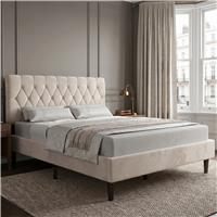 Velvet Bed Frame Double & King Size with Adjustable Headboard  King (5ft) / Beige