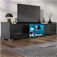 160cm High Gloss TV Unit With LED Lights & 2 Door Storage Cabinets  Black