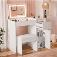 Small Dressing Table with Mirror and Lights, Stool Makeup Vanity Desk  White