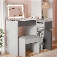 Small Dressing Table with Mirror and Lights, Stool Makeup Vanity Desk  Grey