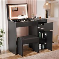 Small Dressing Table with Mirror and Lights, Stool Makeup Vanity Desk  Black