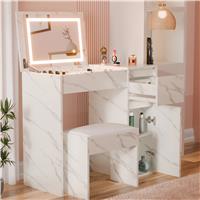 Small Dressing Table with Mirror and Lights, Stool Makeup Vanity Desk  White Marble