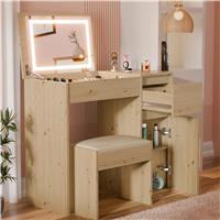 Small Dressing Table with Mirror and Lights, Stool Makeup Vanity Desk  Oak