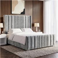 Winged Ottoman Bed Frame with Lines  Ottoman Storage Bed  Double (4ft6) / Light Grey