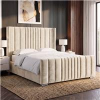 Winged Ottoman Bed Frame with Lines  Ottoman Storage Bed  Double (4ft6) / Beige