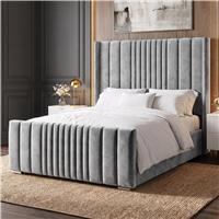 Winged Ottoman Bed Frame with Lines  Ottoman Storage Bed  King (5ft) / Light Grey