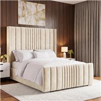 Winged Ottoman Bed Frame with Lines  Ottoman Storage Bed  King (5ft) / Beige