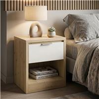 Modern Oak Effect Bedside Table with Drawer & Shelf  Oak+White