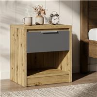 Modern Oak Effect Bedside Table with Drawer & Shelf  Oak+Grey