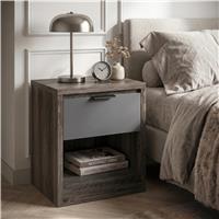 Modern Oak Effect Bedside Table with Drawer & Shelf  Wooden Grey+Grey