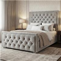 Cross Puffed Ottoman Storage Bed  Velvet Ottoman Bed Frame  Light Grey / Double (4ft6)