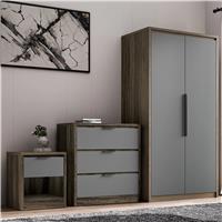 Skova 3 Piece Bedroom Furniture Set - Wardrobe and Chest of Drawers - Wooden Grey+Grey