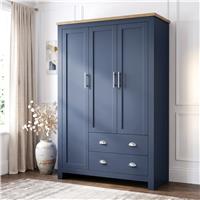 Shaker Triple Wardrobe With Drawers And Shelves  Blue