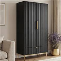 Fluted Painted 2 Door Wardrobe With Drawers and Hanging Rail  Black