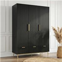 Fluted 3 Door Wardrobe With Drawers and Shelves Painted Finish  Black