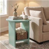 Small Round Side Table with Shelf Living Room Sofa End Table  Sage Green