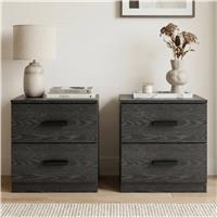 Blythe Black Bedside Table Pair 2 Drawer, Wooden Handle