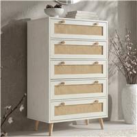 Wovena White Rattan 5 Drawer Tallboy Chest of Drawers