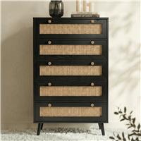 Wovena Black Rattan 5 Drawer Tallboy Chest of Drawers