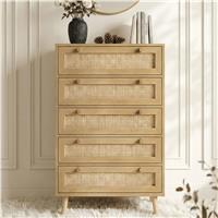 Wovena Oak-Effect Rattan 5 Drawer Tallboy Chest of Drawers
