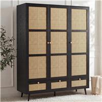 Rattan 3 Door Wardrobe With Drawers and Adjustable Shelves - Black