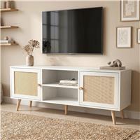 Wovena White Rattan TV Unit with 2 Door Storage Cabinet, 140cm