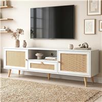 Wovena White Rattan TV Unit with 2 Door Storage Cabinet, 160cm