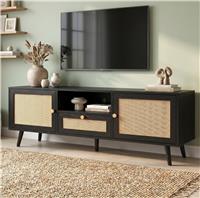 Wovena Black Rattan TV Unit with 2 Door Storage Cabinet, 160cm