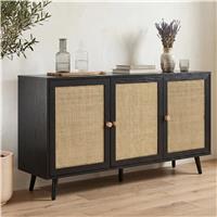Woven Black Rattan 3 Door Sideboard Cabinet with Storage