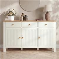 Linra White Sideboard Cabinet with Drawers and Oak Veneer Top