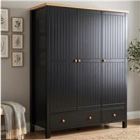 Black 3 Door Wardrobe with Drawers and Shelves - Oak Top