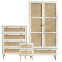 Wovena White Rattan 3 Piece Bedroom Set- Pine Legs
