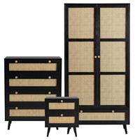 Wovena Black Rattan 3 Piece Bedroom Set- Pine Legs