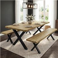Crosswick Industrial 6 Seater Dining Table with Benches, Light Oak