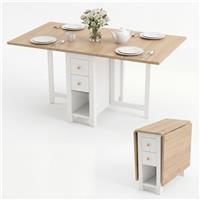 150cm White Drop Leaf Folding Dining Table with Drawers