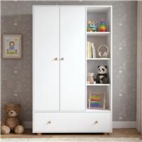 Kids Triple Wardrobe with Drawer & Open Shelves - White