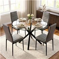 Skyra Glass Round Dining Table and 4 Grey Chairs Set