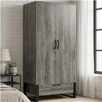 Wooden Grey Double Wardrobe with Drawer and Hanging Rail