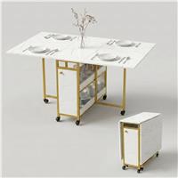 White Marble Folding Dining Table with Wheels and Storage