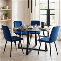 Kyvon Round Dining Table Set with 4 Chairs - Black Wood Effect - Blue
