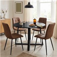 Kyvon Round Dining Table Set with 4 Chairs - Black Wood Effect - Brown Suede Leather
